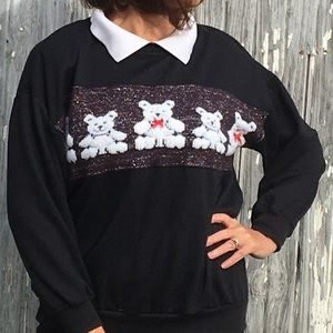Vintage Christmas bears collar sweatshirt black large bow